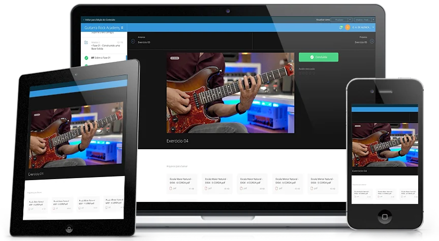 Plataforma Guitarra Rock Academy em desktop, tablet e celular